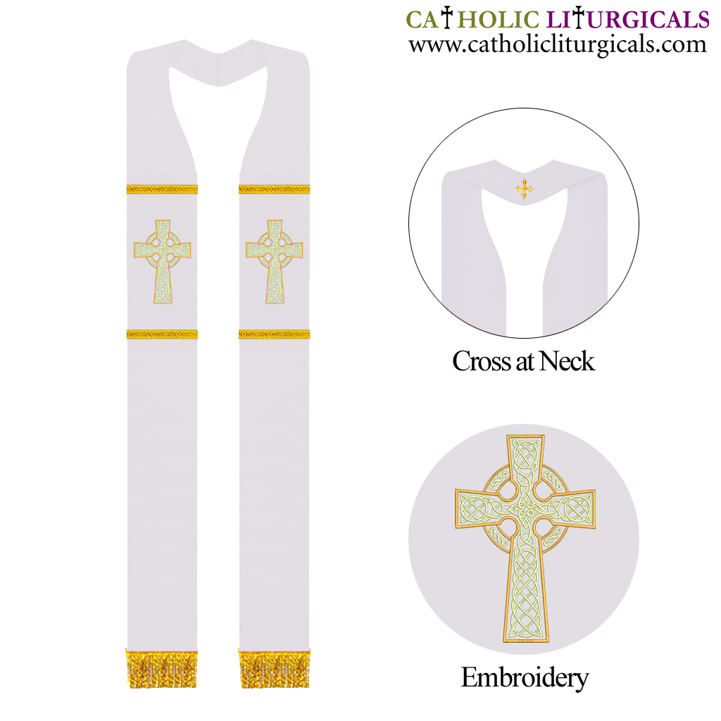 Priest Stoles White Clergy Stole - Celtic Knot Cross