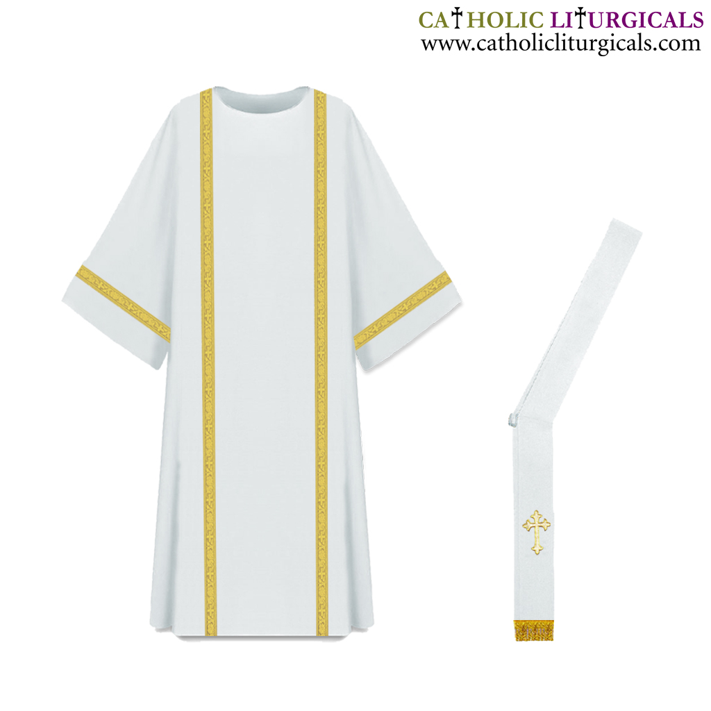 Lenten Offers White Deacon Dalmatic Vestment & Stole Set