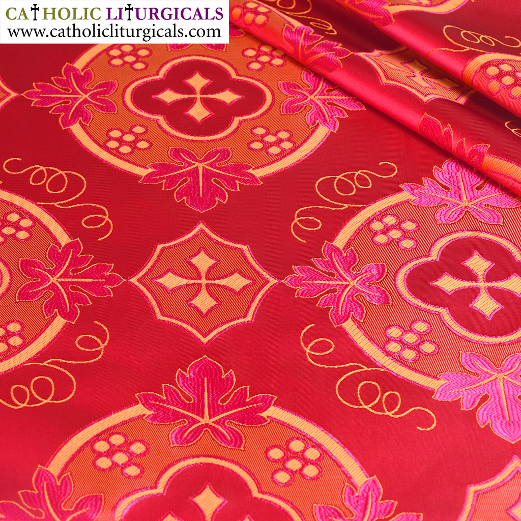 Fabrics Red Damask Fabric - Cross with Grapes Design