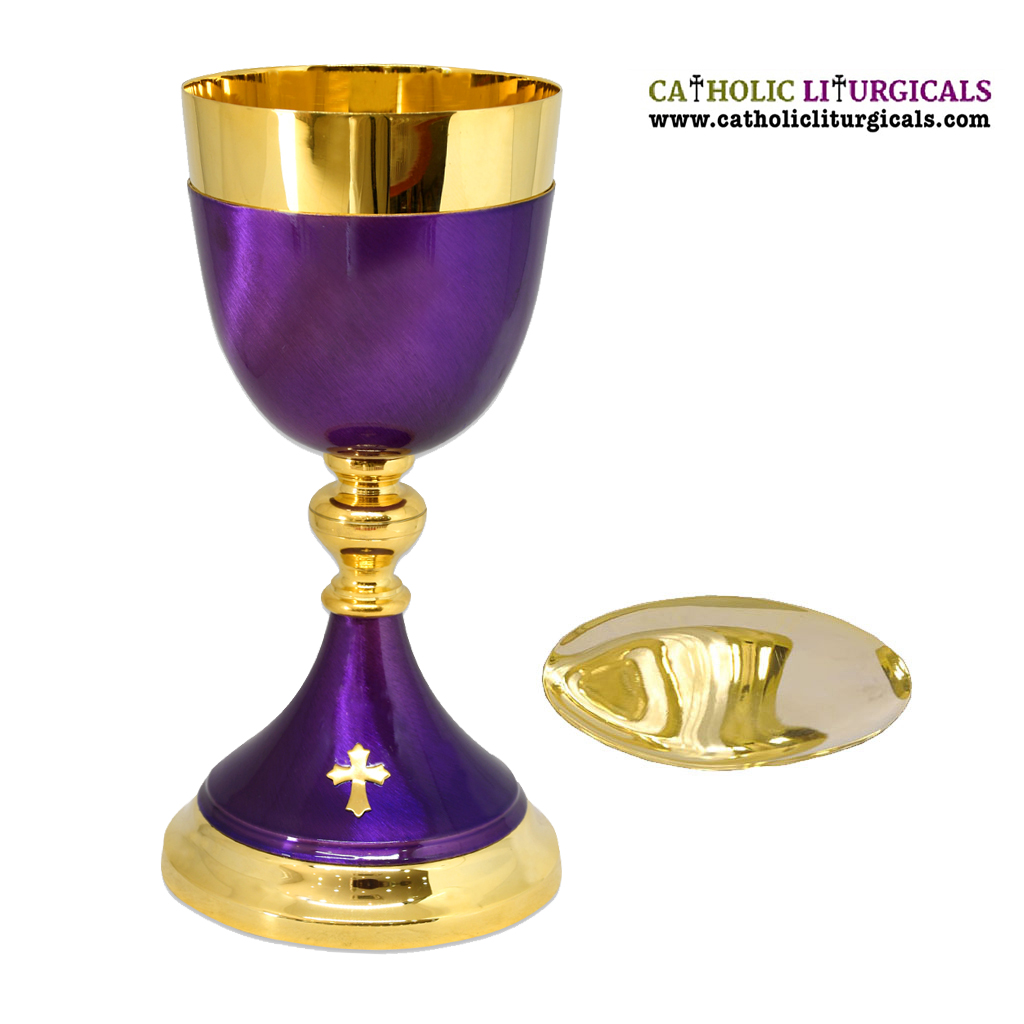 Chalice & Paten Gold with Purple Chalice & Paten - 8 inches