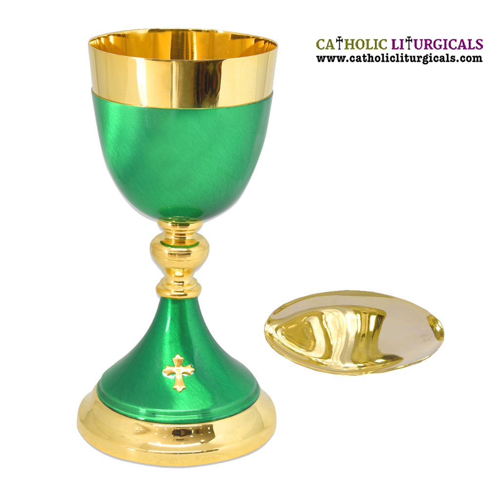 Chalice & Paten Gold with Green Chalice & Paten - 8 inches