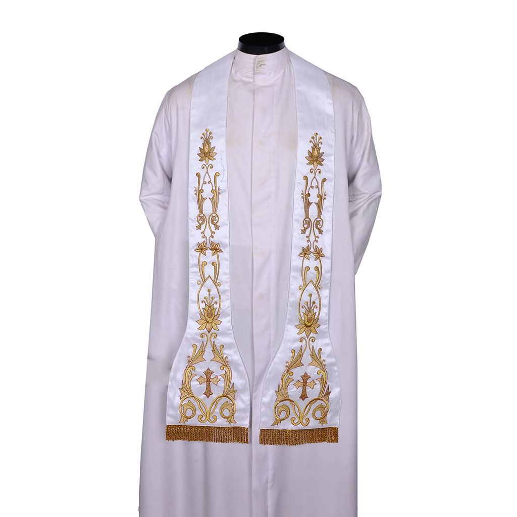Priest Stoles Fully Embroidered White - Priest Stole SILK